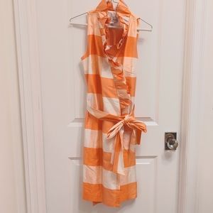 Women's Sara Campbell tangerine and white gingham raw silk dress w/ ruffle neck